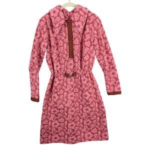 Vtg Dress Medium Pink Floral Long Sleeve Belt Accent Elastic Waist Retro 1970s